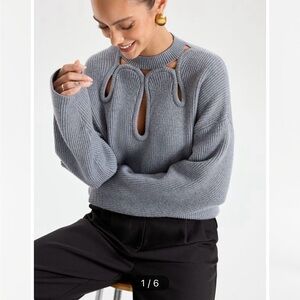 Commense Grey Ribbed Crewneck Sweater with Keyhole Cutouts